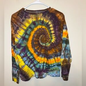 Spiral Tie-Dye Long Sleeve Shirt Yellow Orange Blue Brown Unisex Youth Size L